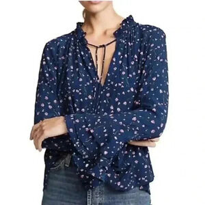 Cleobella Phoebe Ruffled Long Sleeve Navy Blue Floral Top Women’s Size Small